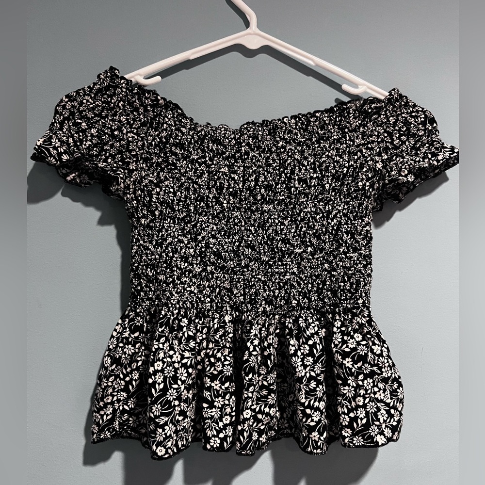 Black and White Floral Off-The-Shoulder Top